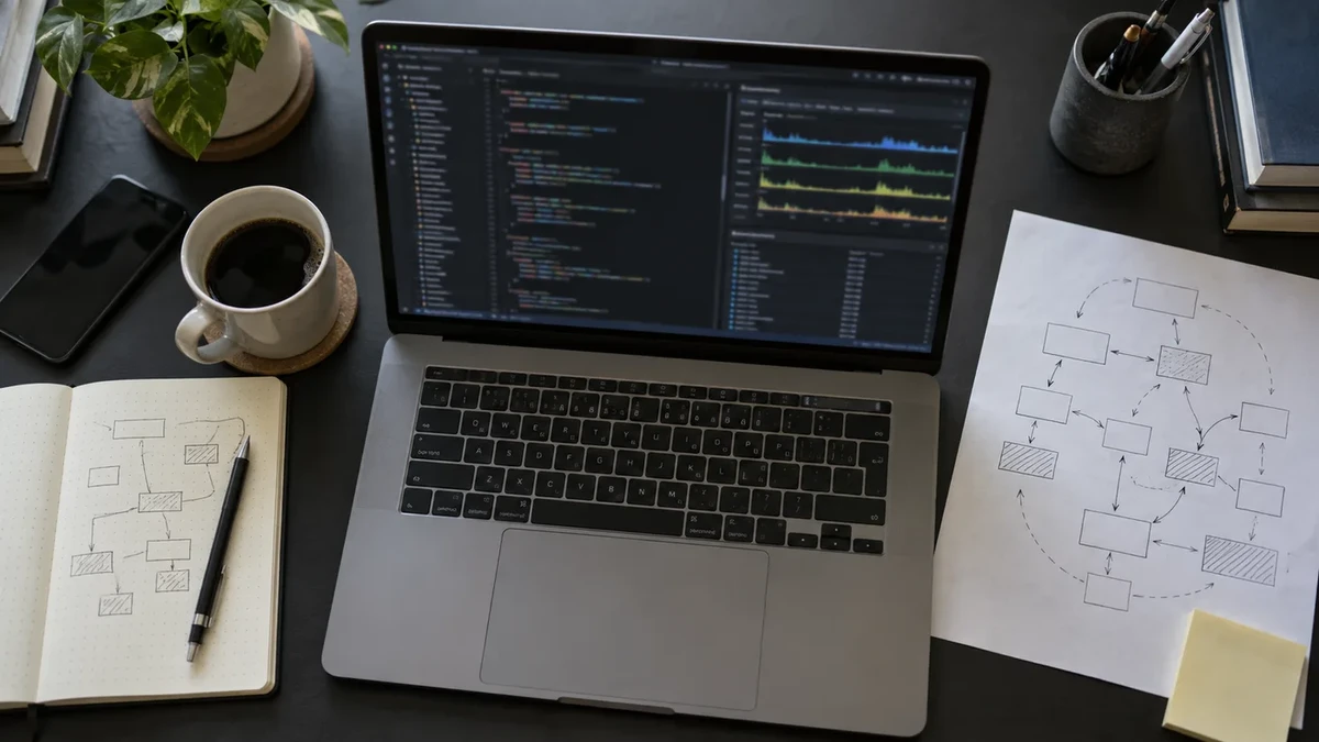 Escritorio de desarrollo con un grafo de dependencias, código TypeScript y métricas de rendimiento