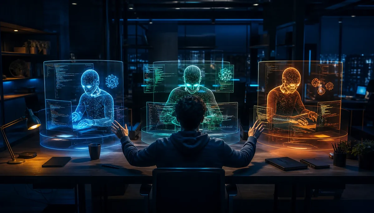 Desarrollador delegando varias tareas de software a agentes de IA en paralelo