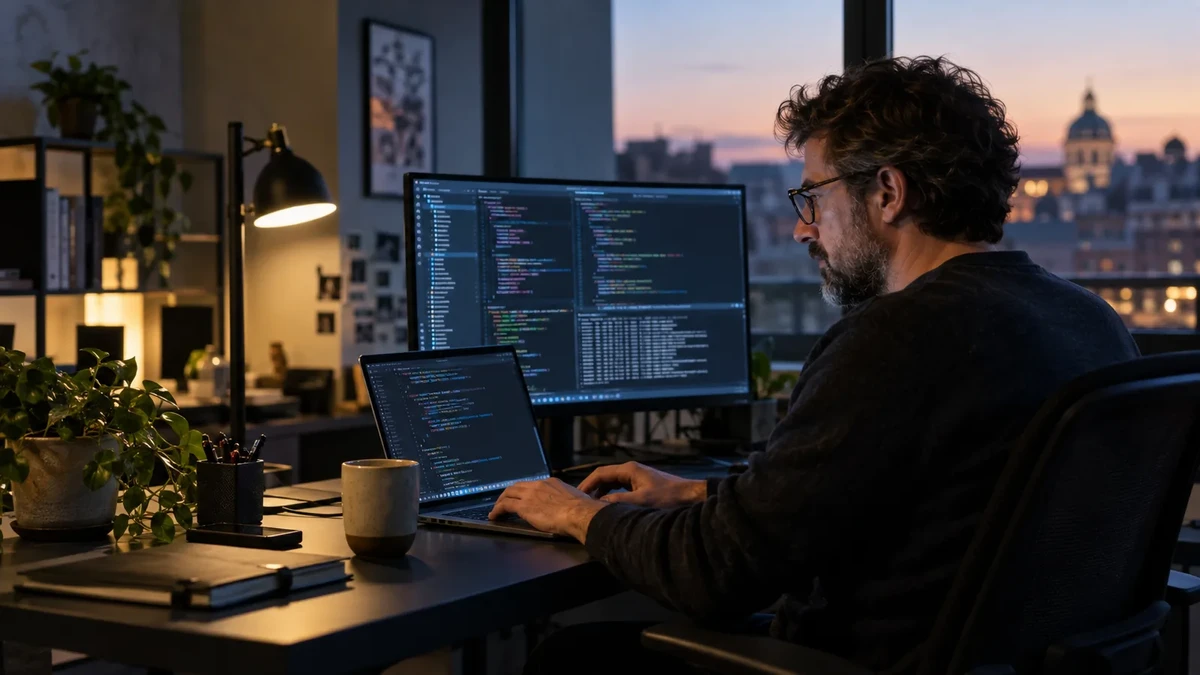 Desarrollador trabajando en un proyecto TypeScript grande con el editor y la salida de compilación abiertos