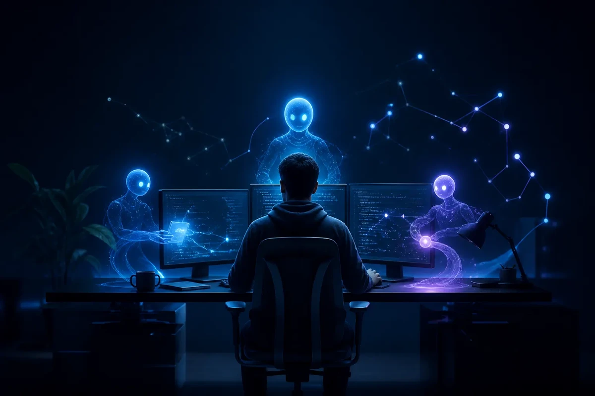 Desarrollador coordinando agentes de inteligencia artificial para programar