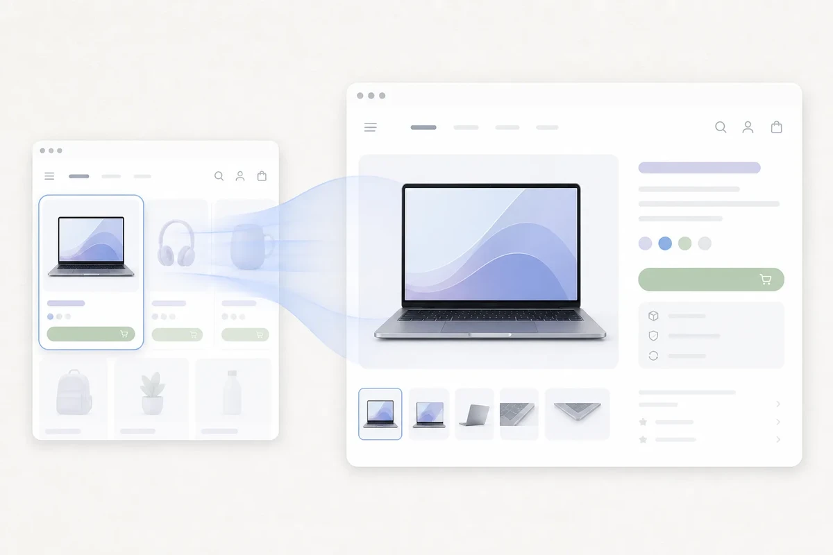 Dos interfaces de producto conectadas por una transición de elemento compartido entre tarjeta y detalle